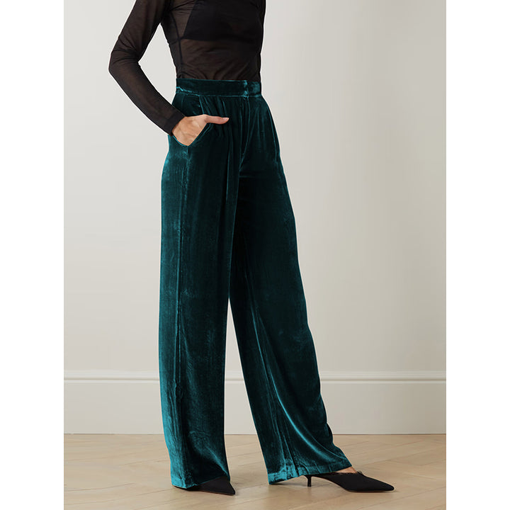 Women Green Flared Fit High-Rise Trousers