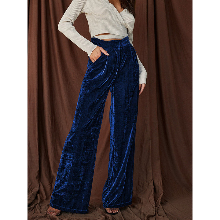 Women Blue Flared High-Rise Pleated Parallel Trousers