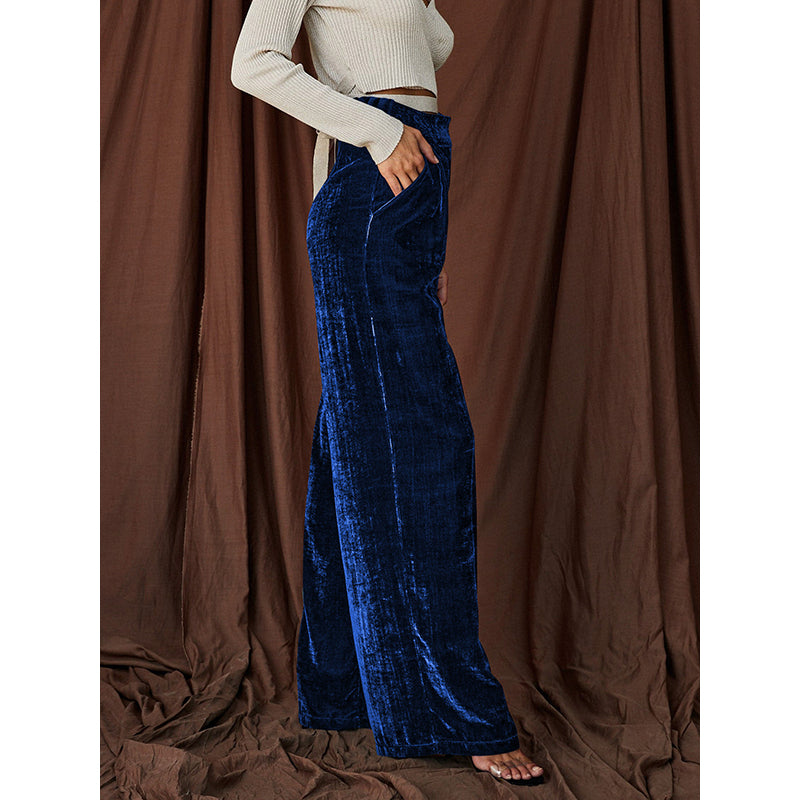 Women Blue Flared High-Rise Pleated Parallel Trousers