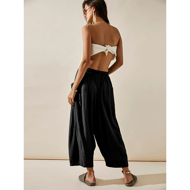 Women Black Flared High-Rise Pleated Culottes Trousers