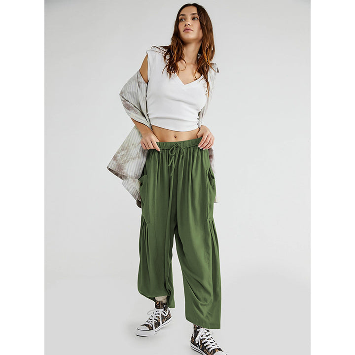 Women Green Loose Fit High-Rise Parallel Trousers
