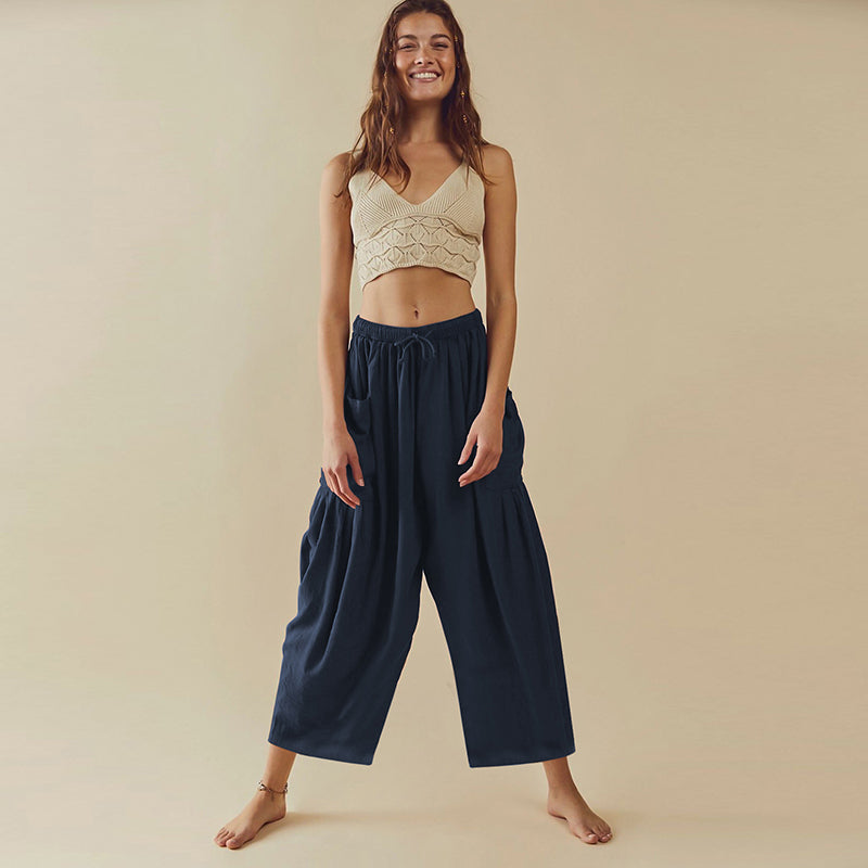 Women Navy Blue Flared High-Rise Pleated Trousers