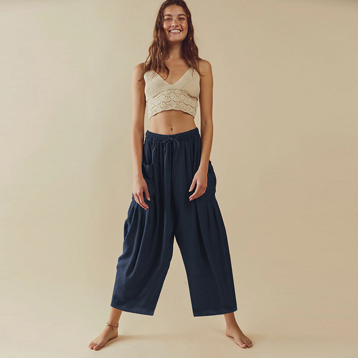 Women Navy Blue Flared High-Rise Pleated Trousers