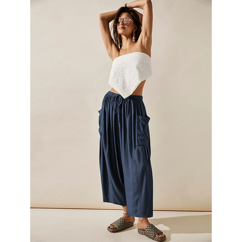 Women Navy Blue Flared High-Rise Pleated Trousers