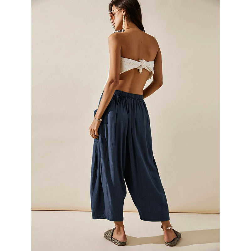 Women Navy Blue Flared High-Rise Pleated Trousers