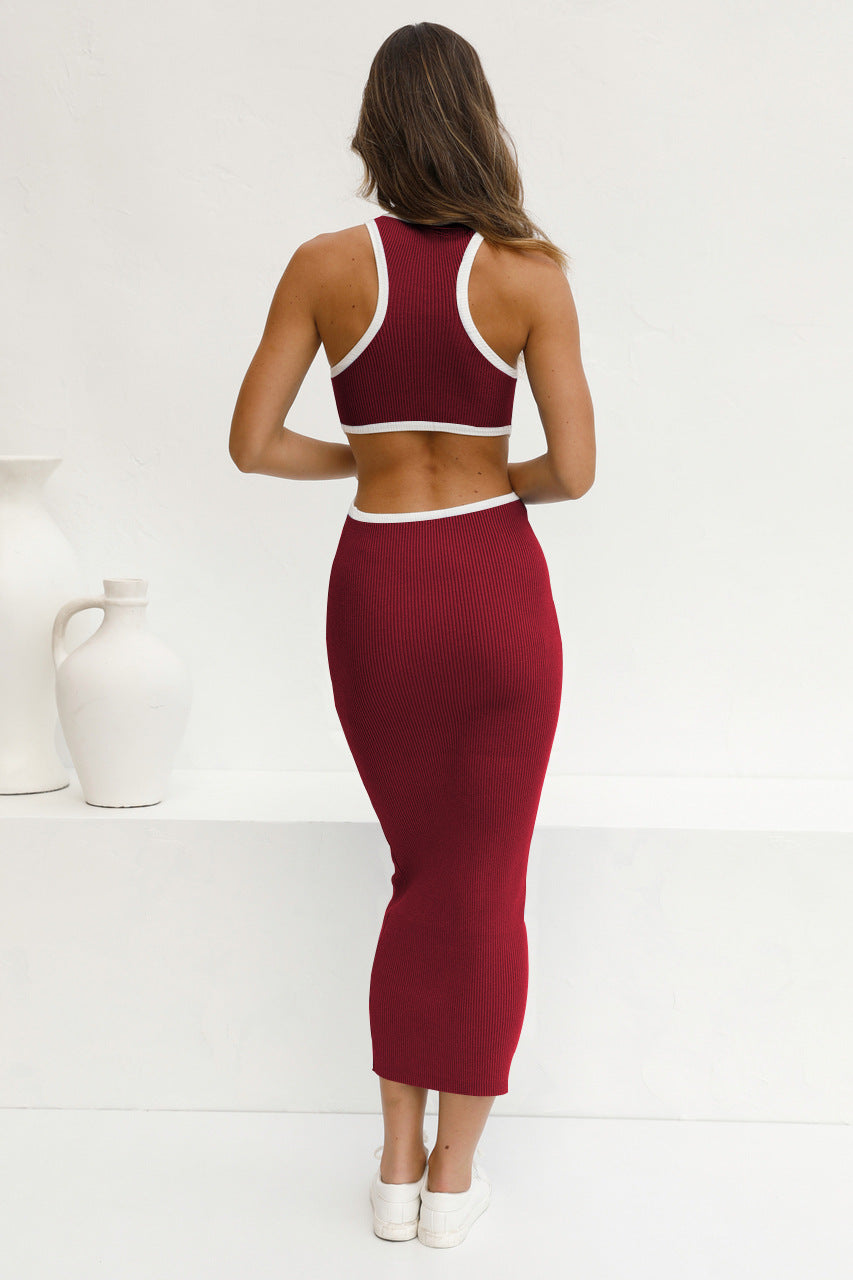 Maroon Solid Halter Neck Cut Out Bodycon Maxi Dress
