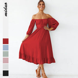 Women Red Off-Shoulder Midi Dress