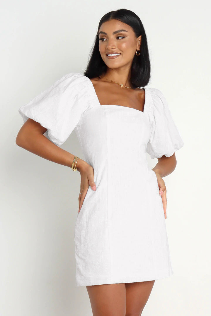 Cuffed Sleeves Smocked Mini A-Line Dress