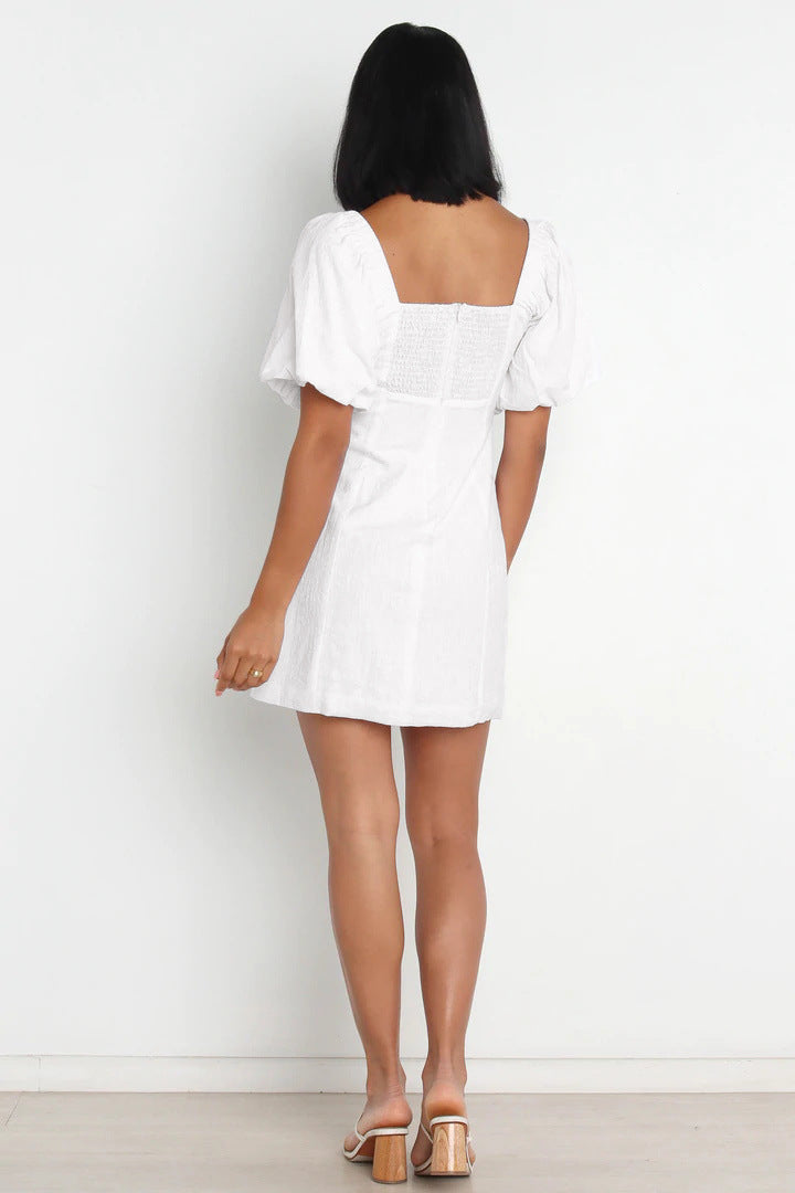 Cuffed Sleeves Smocked Mini A-Line Dress