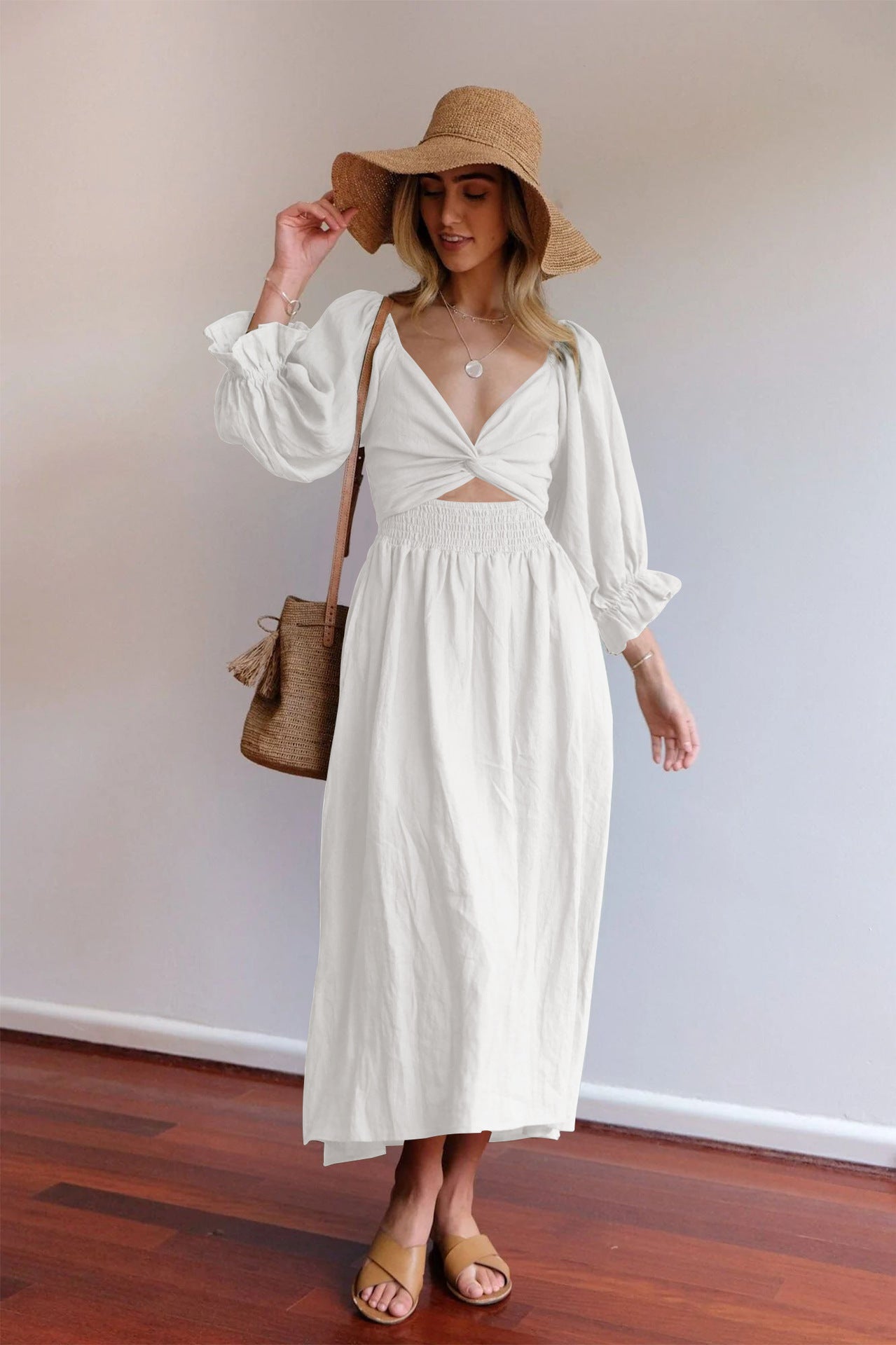 Midi Fit and Flare Three-Quarter Sleeves Dress