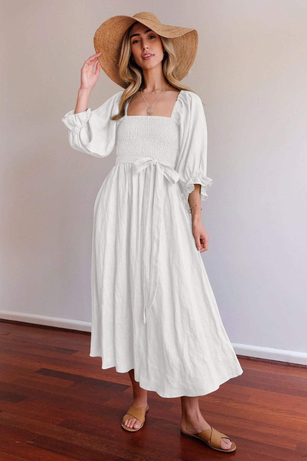 Midi Fit and Flare Three-Quarter Sleeves Dress