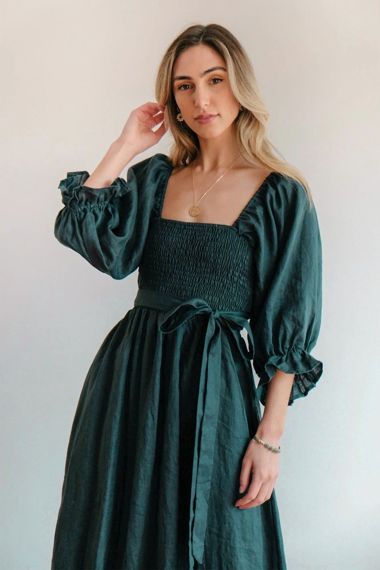 Fit and Flare Three-Quarter Sleeves Midi Dress