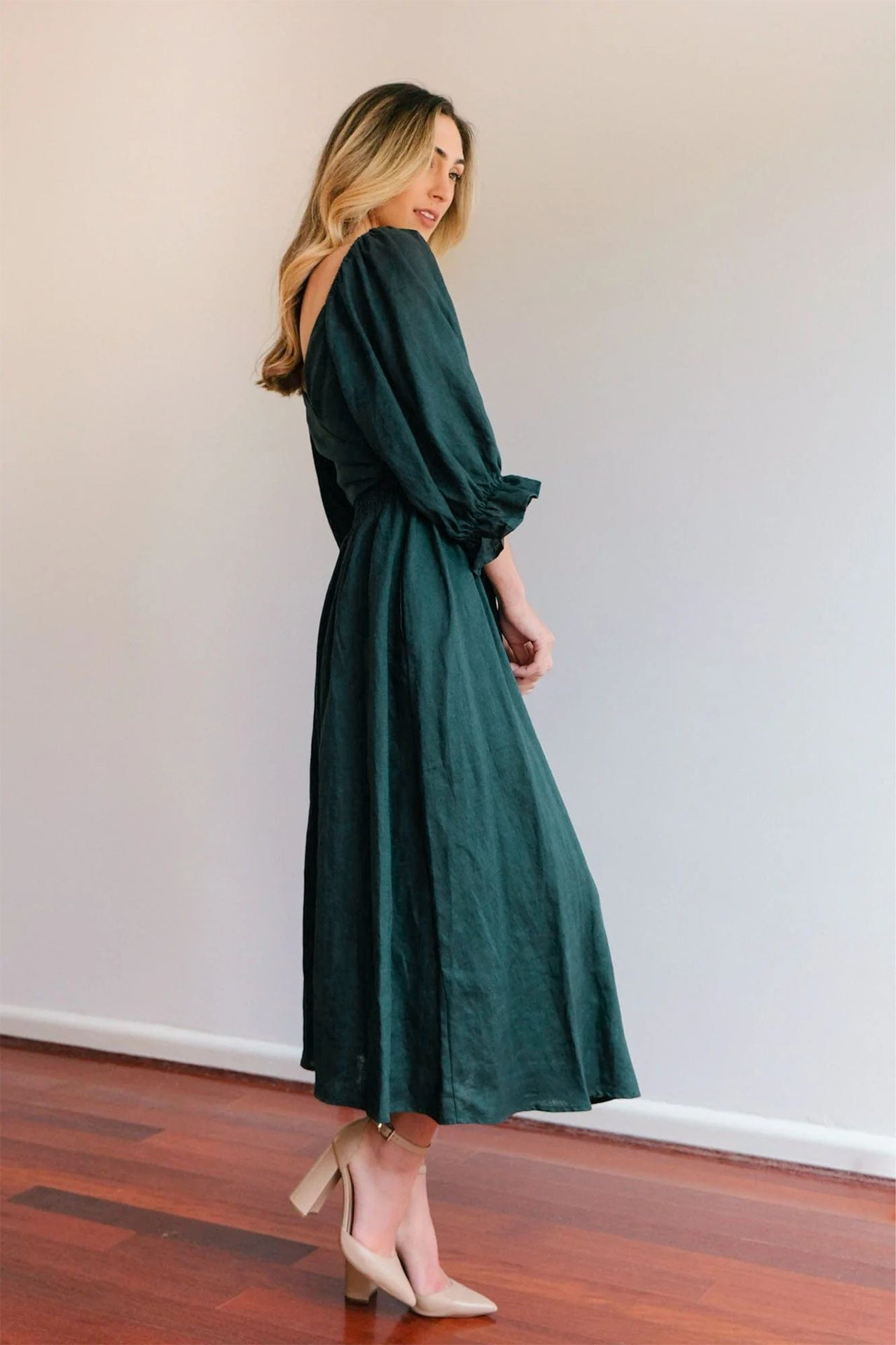 Fit and Flare Three-Quarter Sleeves Midi Dress