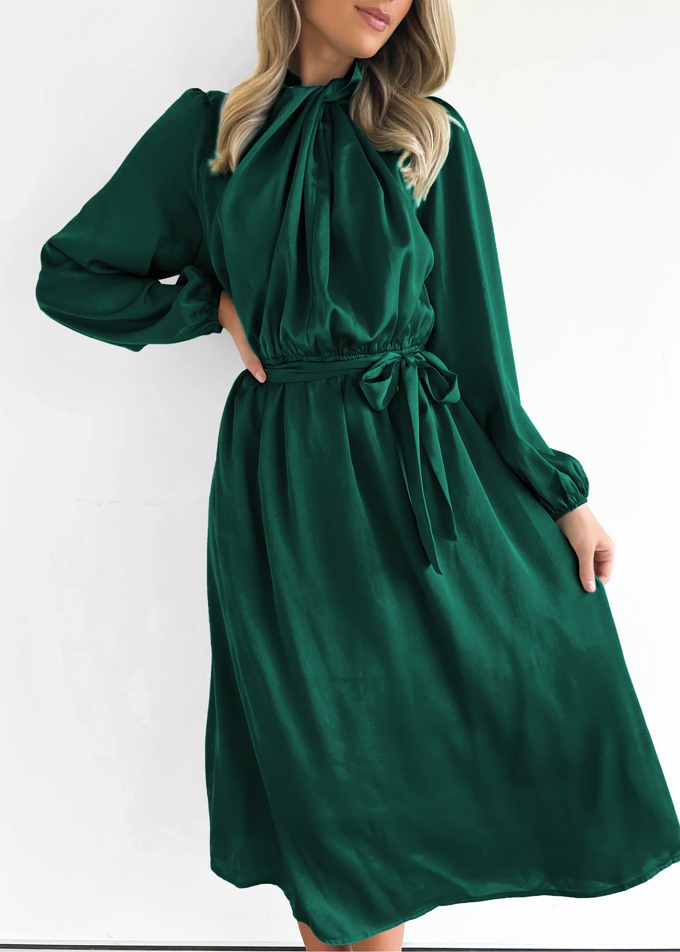 Green Puff Sleeved A-Line Midi Dress