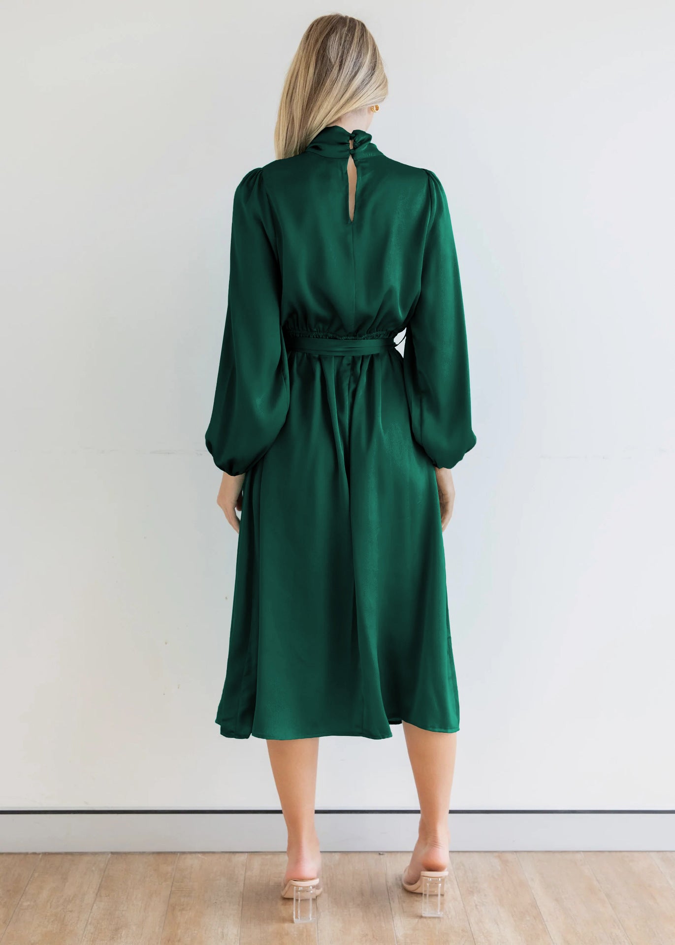 Green Puff Sleeved A-Line Midi Dress