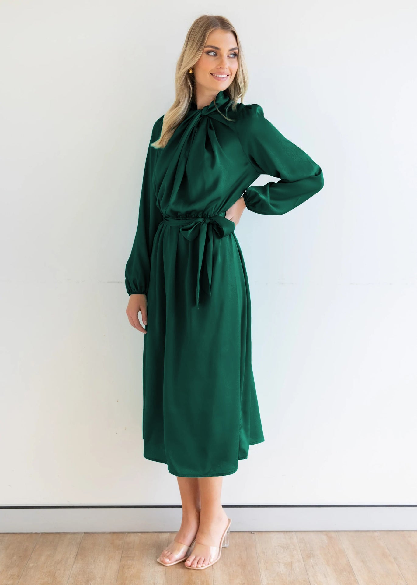Green Puff Sleeved A-Line Midi Dress