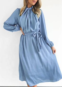 Blue Cuff Sleeved Fit and Flare Midi Dress