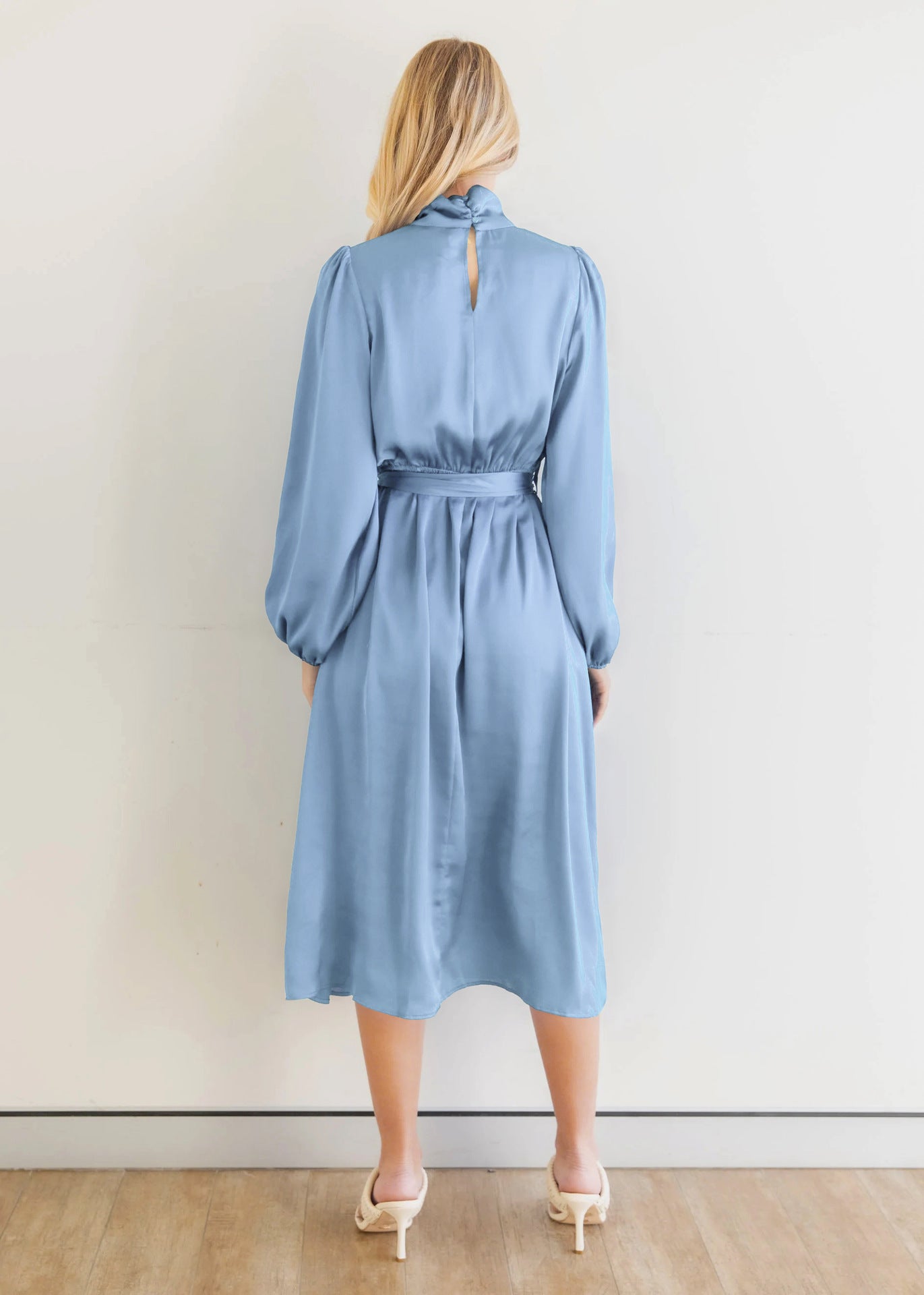 Blue Cuff Sleeved Fit and Flare Midi Dress