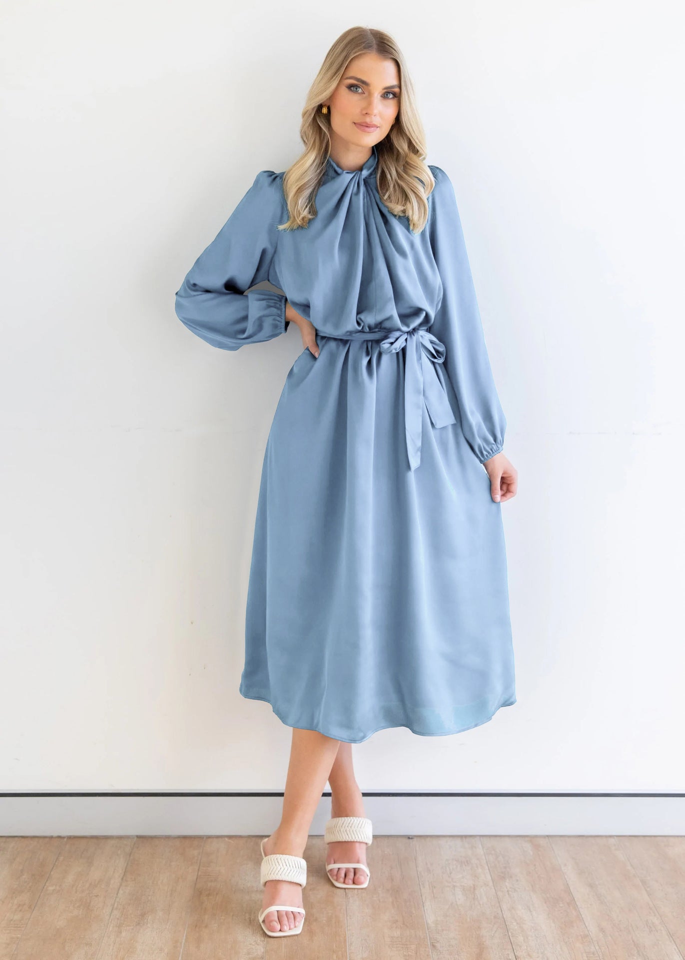 Blue Cuff Sleeved Fit and Flare Midi Dress