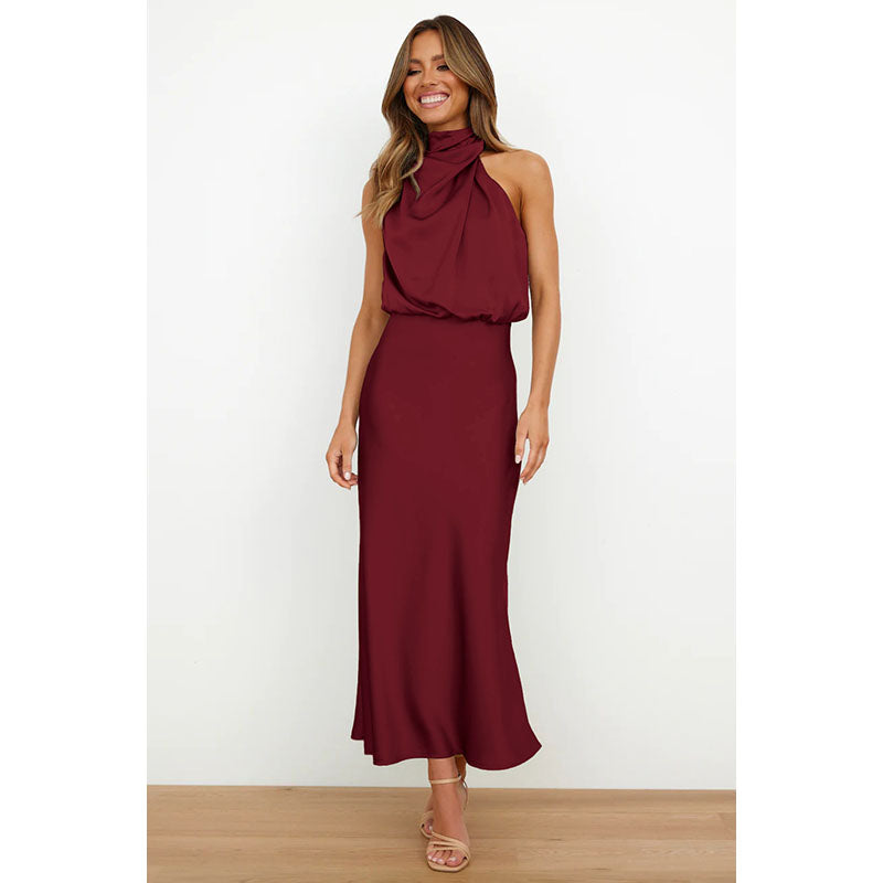 Maroon Colour Halter Neck Blouson Dress