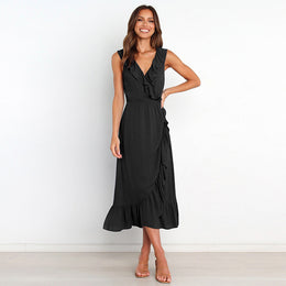 Black V-Neck Ruffled Wrap Midi Dress