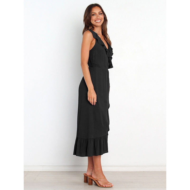 Black V-Neck Ruffled Wrap Midi Dress