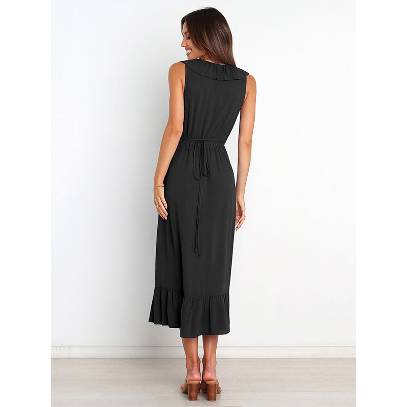Black V-Neck Ruffled Wrap Midi Dress
