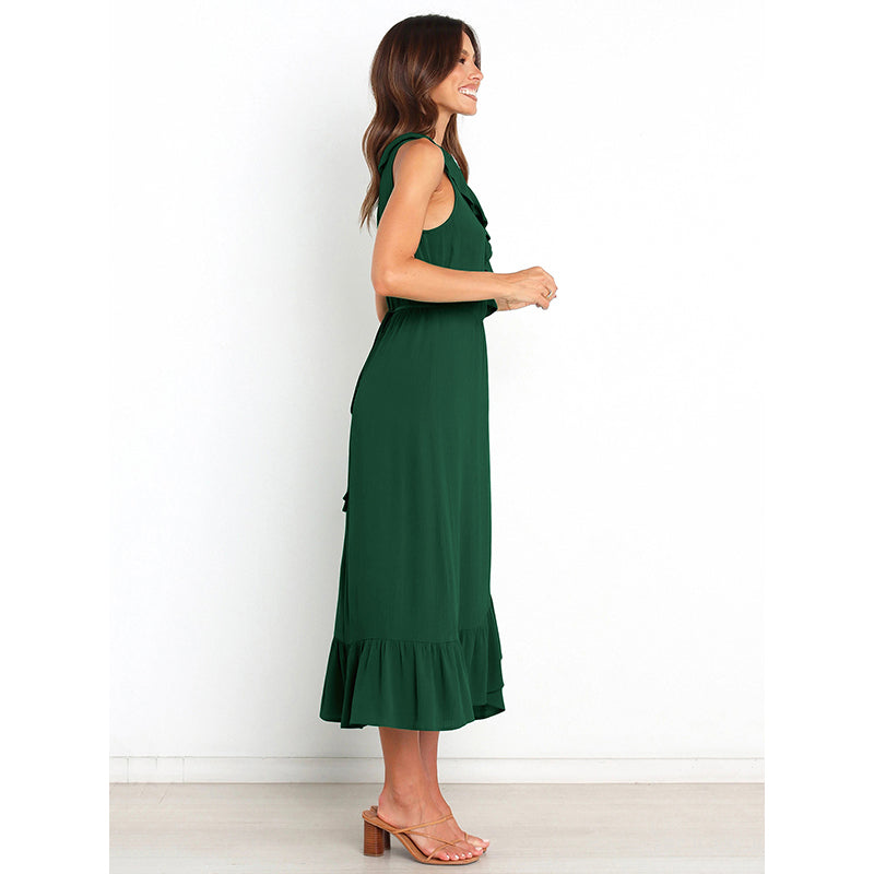 Green V-Neck Ruffled Midi Polyester Dress