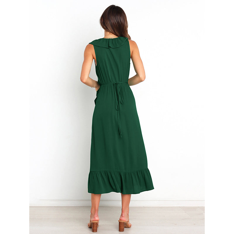 Green V-Neck Ruffled Midi Polyester Dress