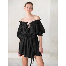 Black Off-Shoulder Puff Sleeve Fit & Flare Dress