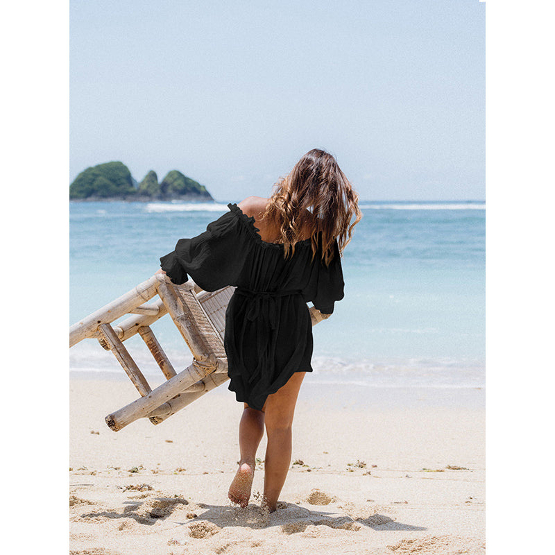 Black Off-Shoulder Puff Sleeve Fit & Flare Dress