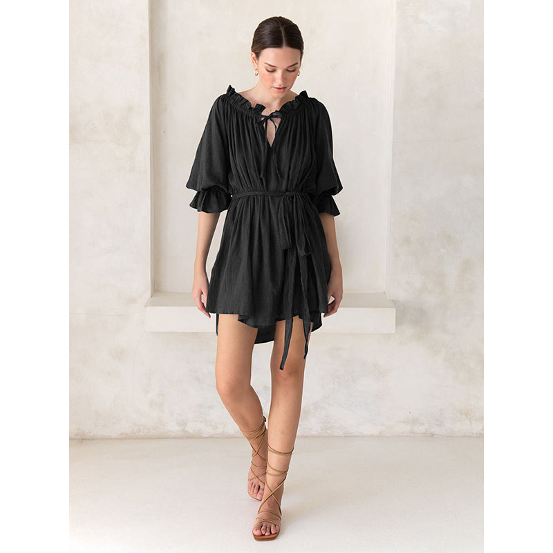 Black Off-Shoulder Puff Sleeve Fit & Flare Dress