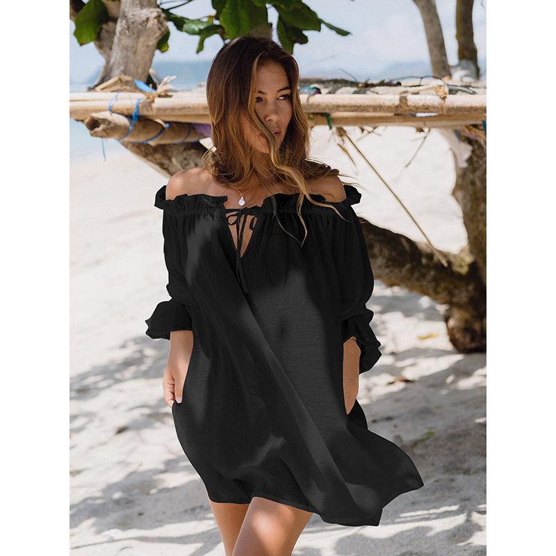Black Off-Shoulder Puff Sleeve Fit & Flare Dress