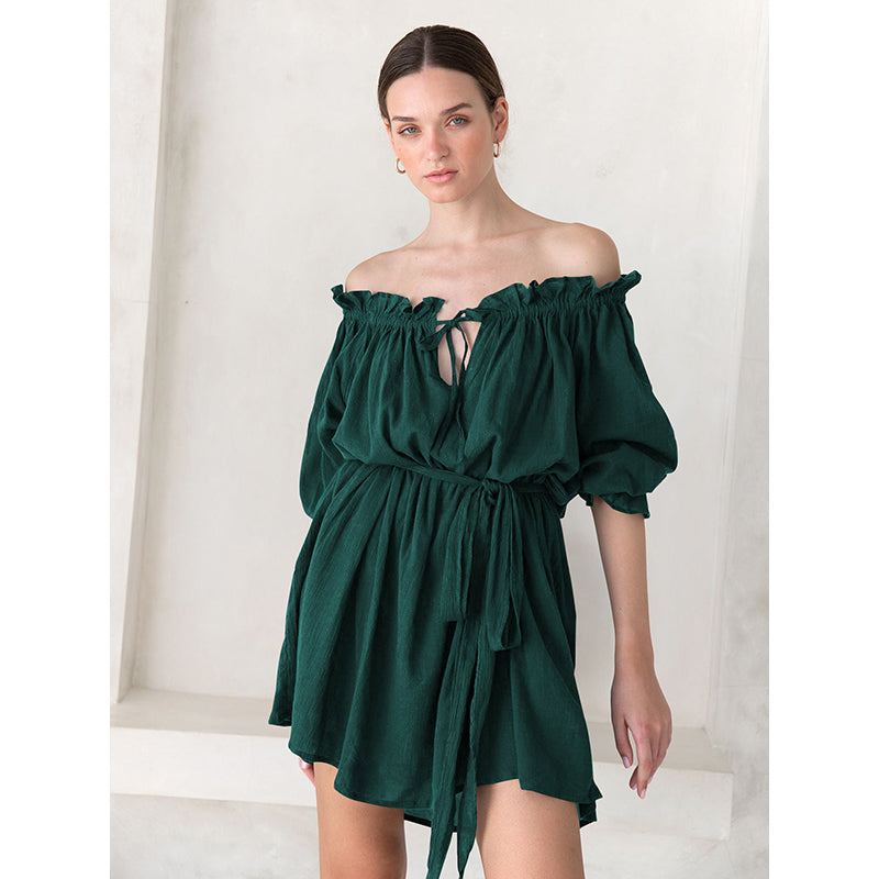 Green Off Shoulder Fit and Flare Dress