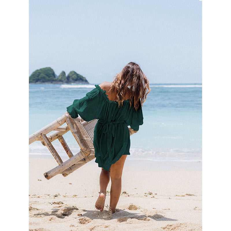 Green Off Shoulder Fit and Flare Dress