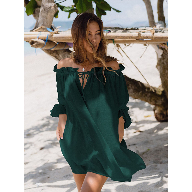 Green Off Shoulder Fit and Flare Dress