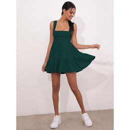 Green Shoulder Straps Pleated Fit & Flare Mini Dress