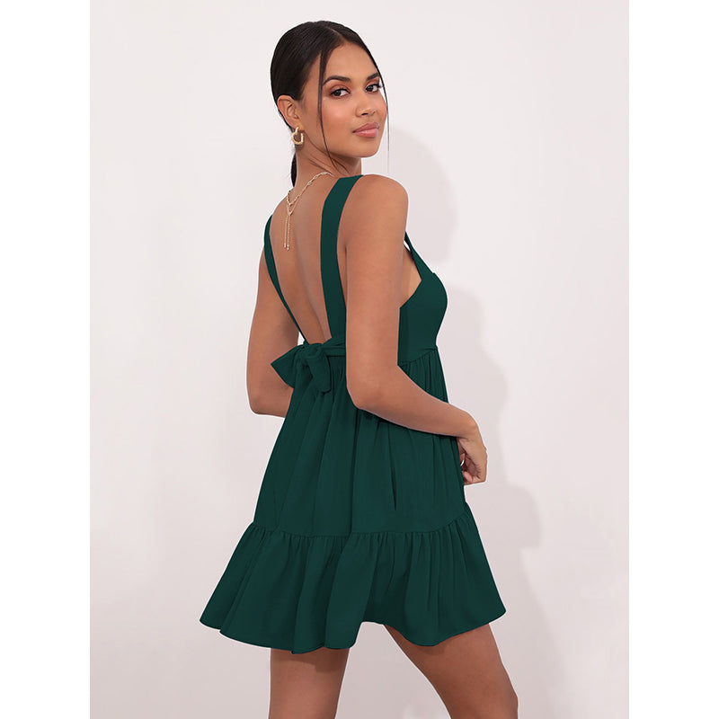 Green Shoulder Straps Pleated Fit & Flare Mini Dress