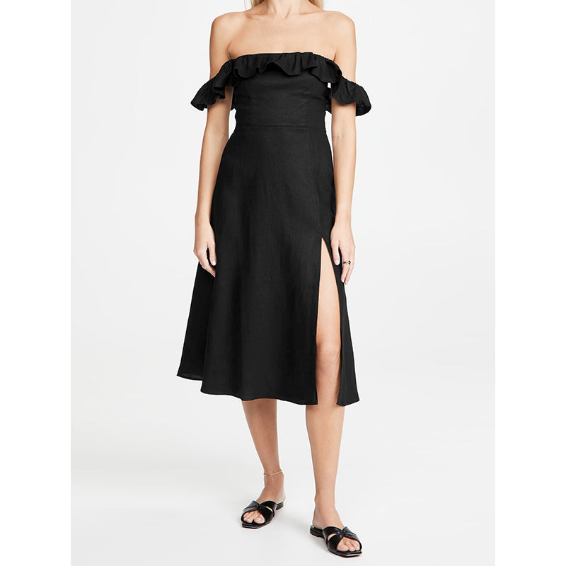 Black Off-Shoulder Fit & Flare Midi Dress