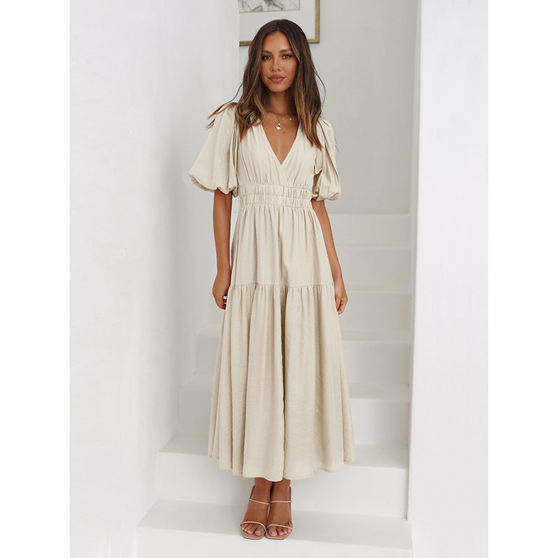 Beige V-Neck Puffed Sleeves Maxi Dress