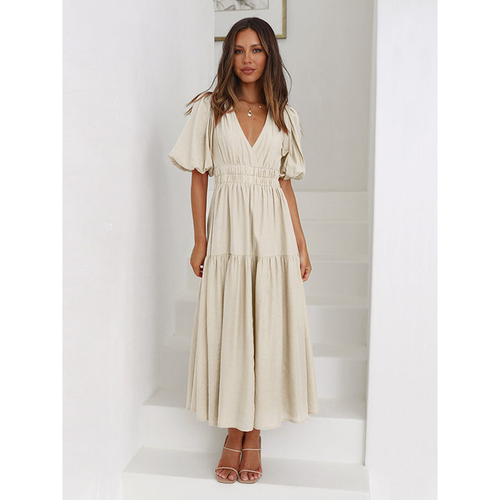 Beige V-Neck Puffed Sleeves Maxi Dress