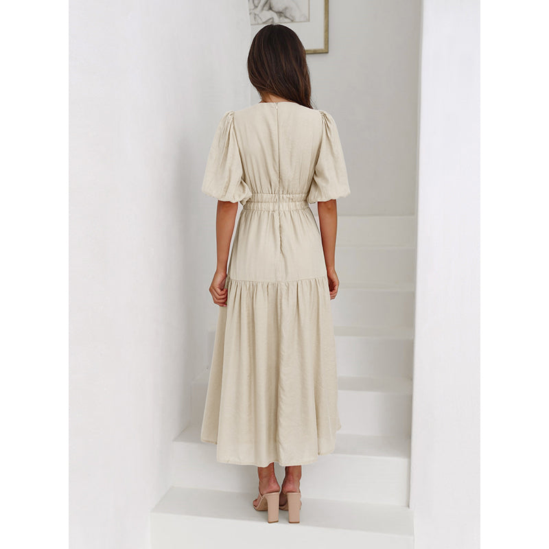 Beige V-Neck Puffed Sleeves Maxi Dress