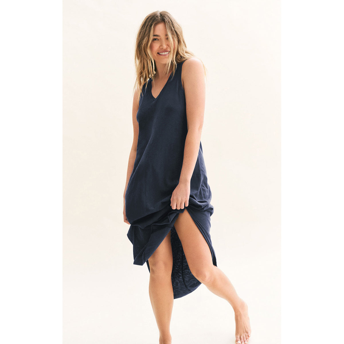 Navy Blue V-Neck Sleeveless A-Line Midi Dress