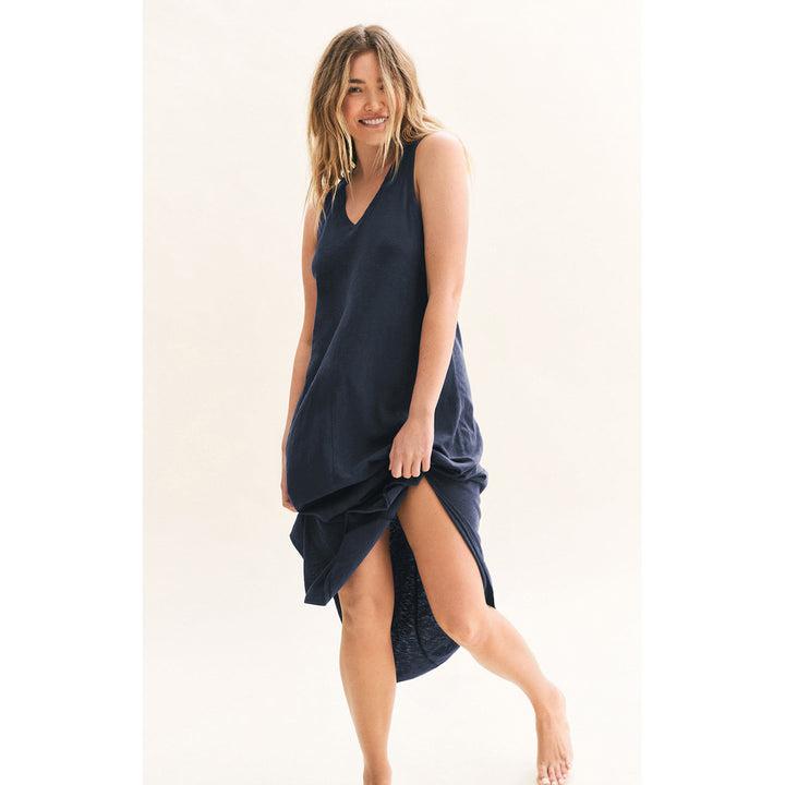 Navy Blue V-Neck Sleeveless A-Line Midi Dress