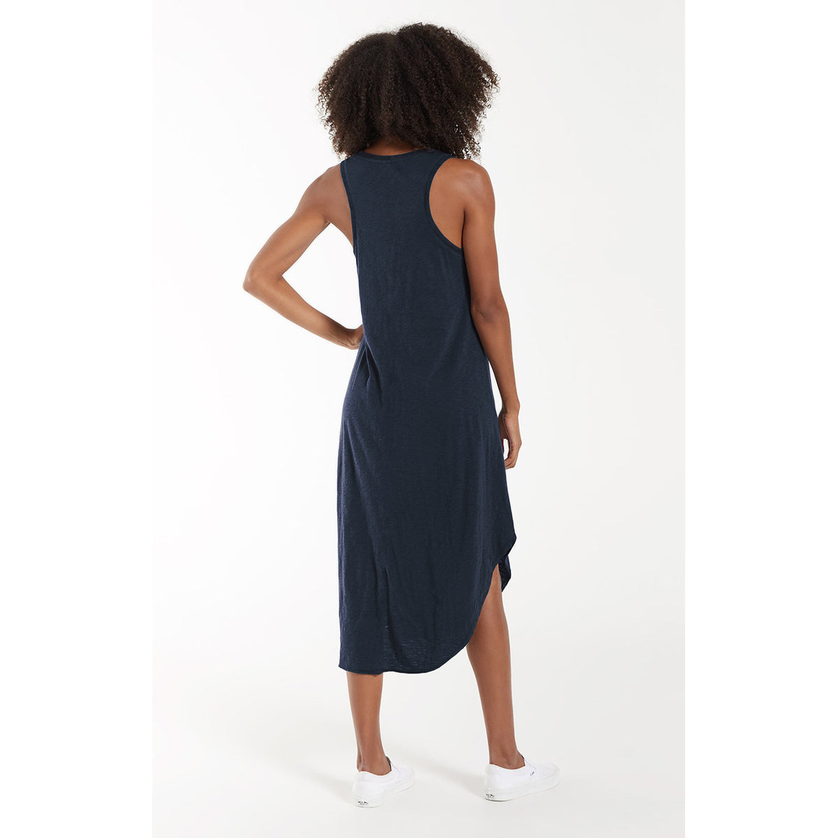 Navy Blue V-Neck Sleeveless A-Line Midi Dress