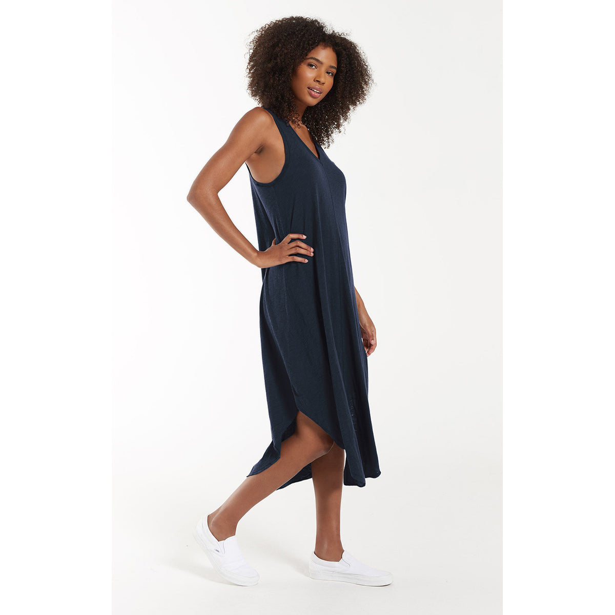 Navy Blue V-Neck Sleeveless A-Line Midi Dress