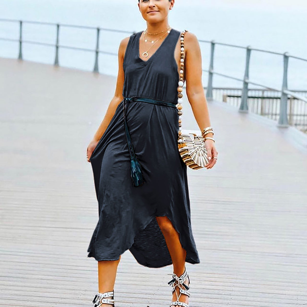 Navy Blue V-Neck Sleeveless A-Line Midi Dress