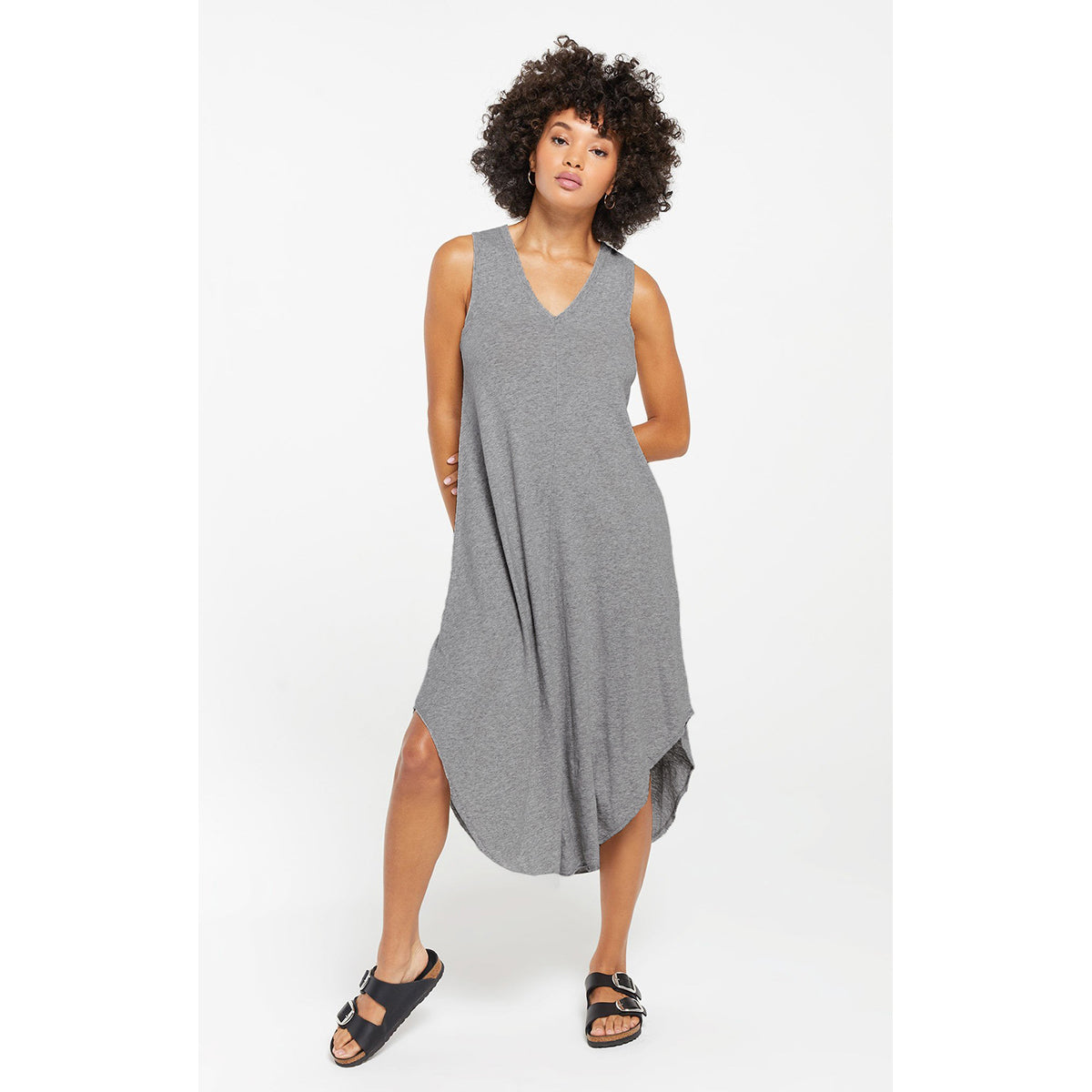 Solid Grey Melange A-Line Midi Dress