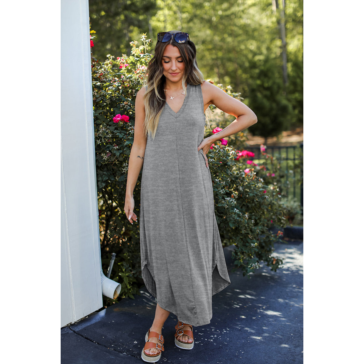Solid Grey Melange A-Line Midi Dress