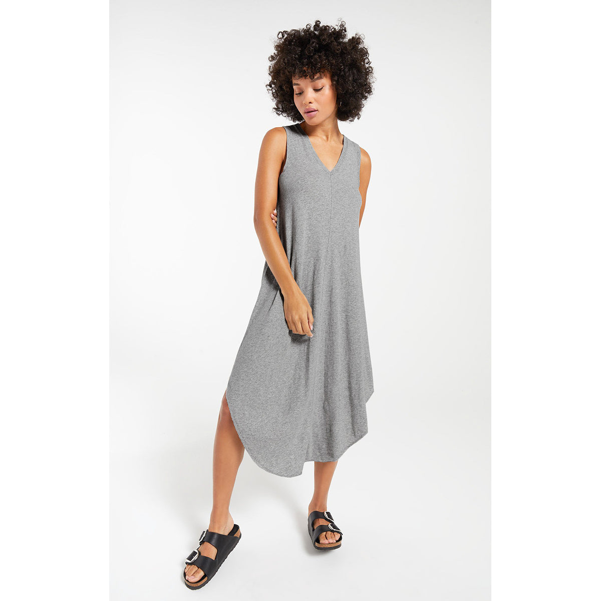 Solid Grey Melange A-Line Midi Dress